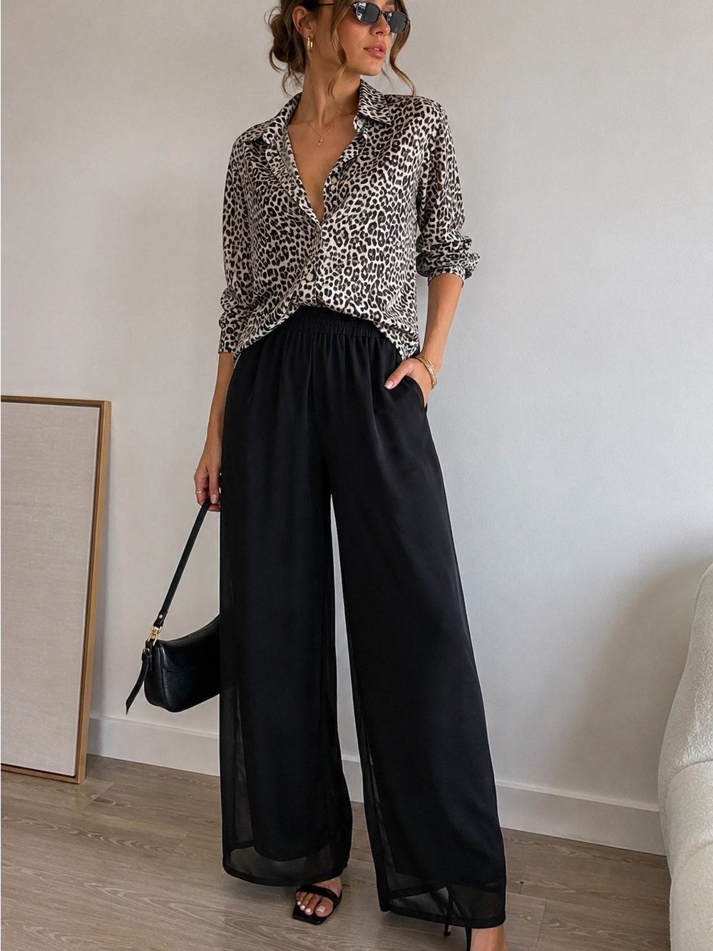 C5 Black Sheer Overlay Wide Leg Pants Petite Small